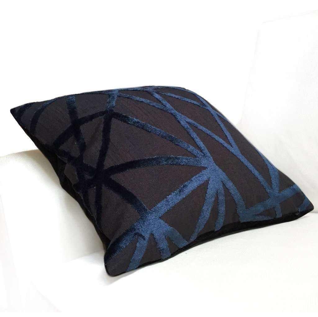 Robert Allen Modern Black Navy Blue Velvet Lines Designer Pillow Cover