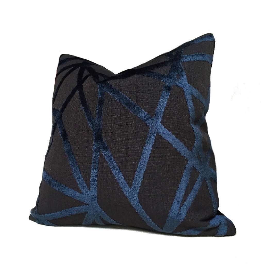 Robert Allen Modern Black Navy Blue Velvet Lines Cushion Cover