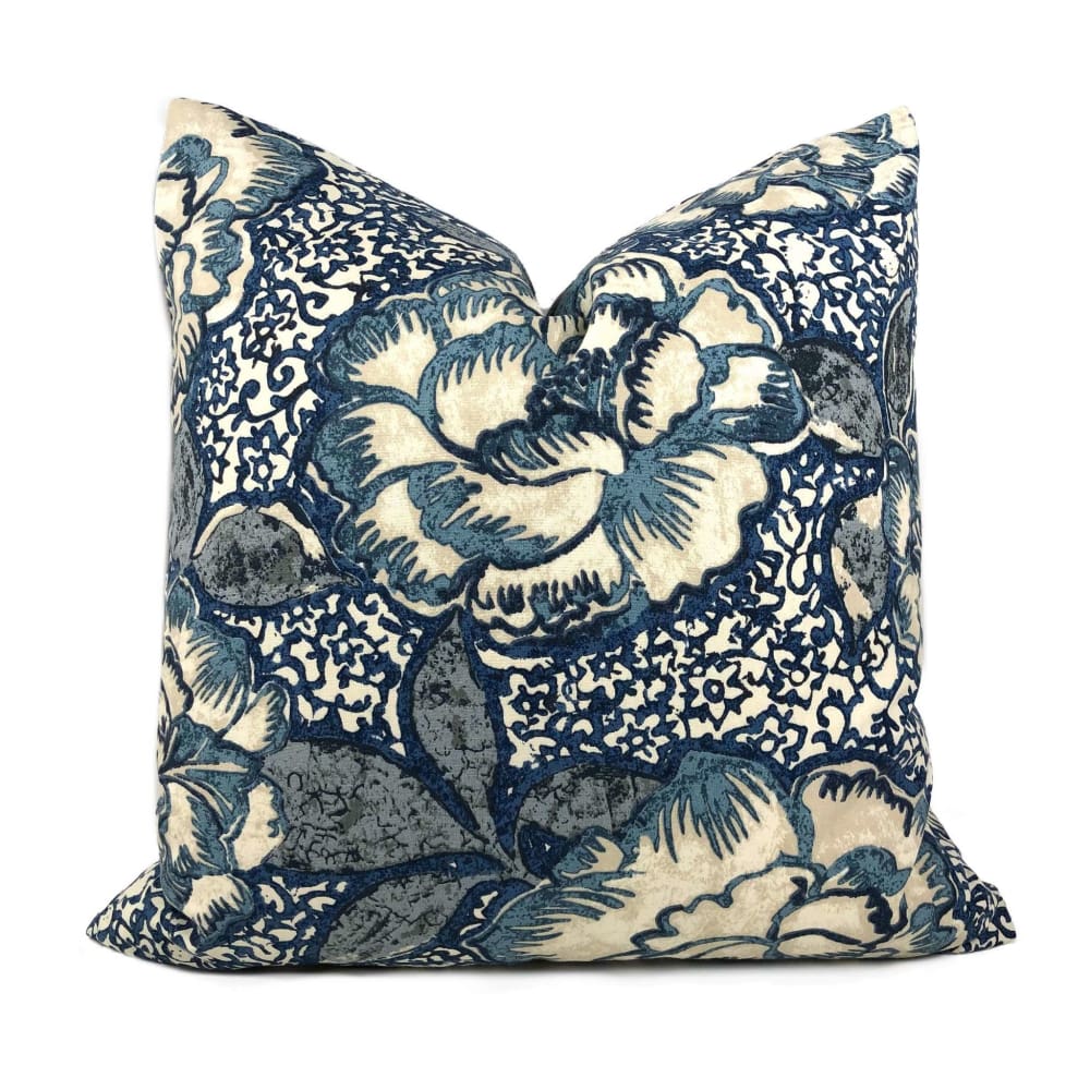 Robert Allen Peony Bloom Indigo Blue Beige Floral Cotton Print Pillow Cover