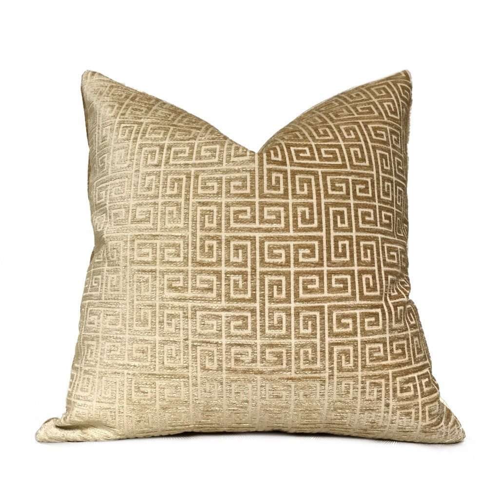 Robert Allen Plush Greek Keys Gold Sand Beige Velvet Chenille Pillow Cover,  Fits 12x18 12x24 14x20 16x26 16" 18" 20" 22" 24" Cushions