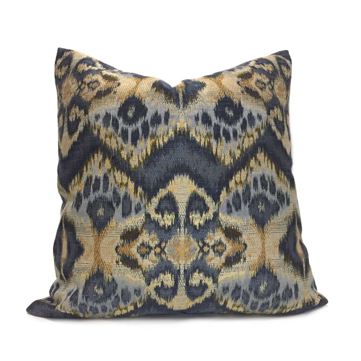 Robert Allen Rhythm Waves Blue Ikat Tribal Ethnic Pattern Pillow Cover by Aloriam