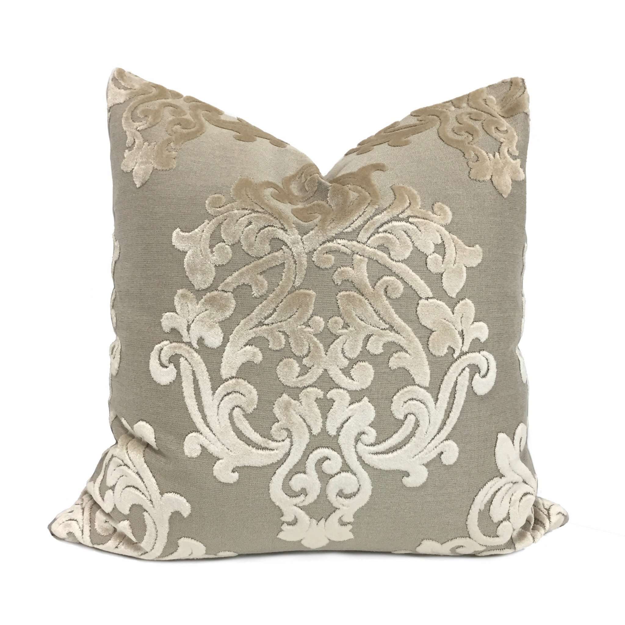 Robert Allen Royal Beauty Damask Medallion Beige Cream Cut Velvet Pillow Cover by Aloriam