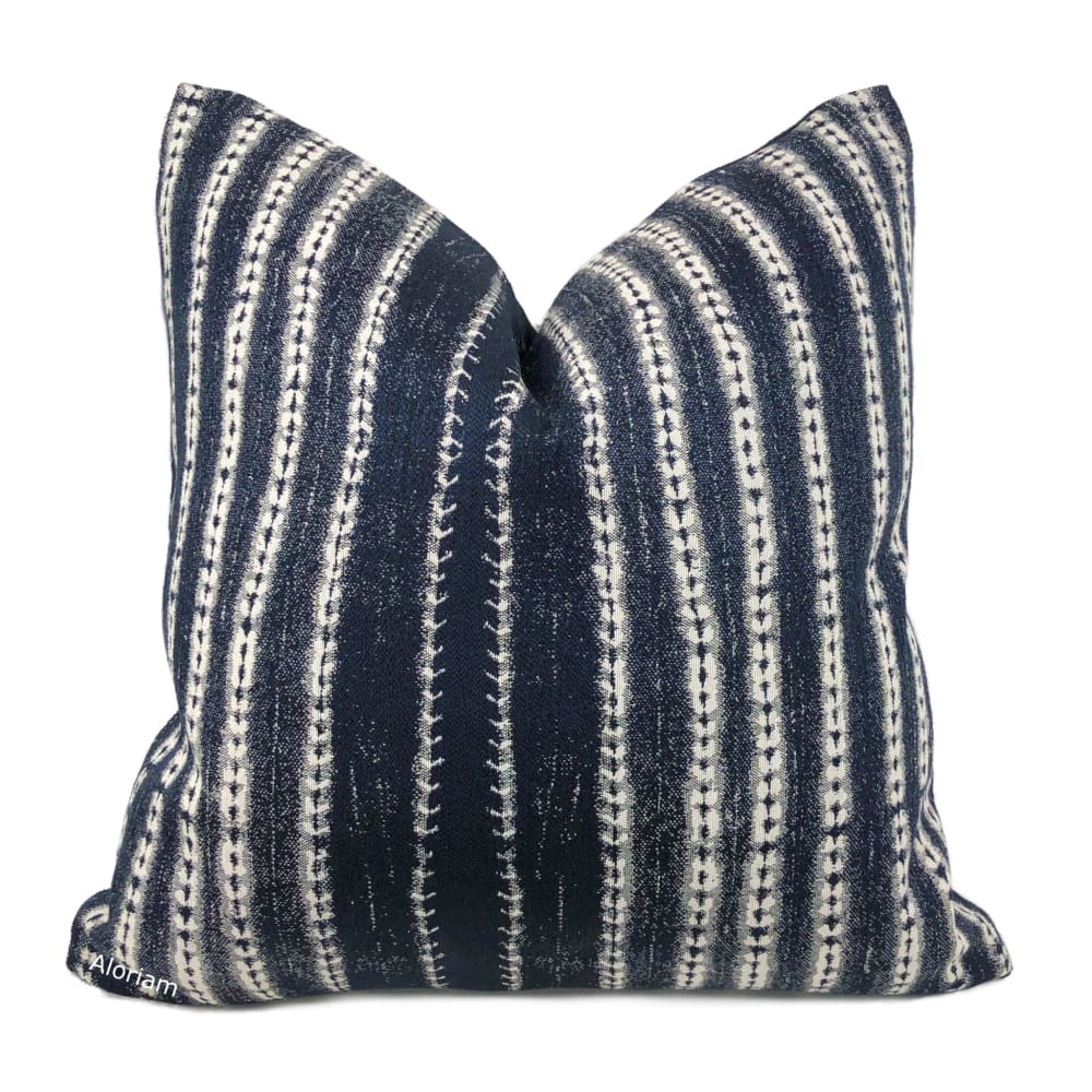 Sebu Dark Navy Blue White Ikat Stripe Pillow Cover - Aloriam
