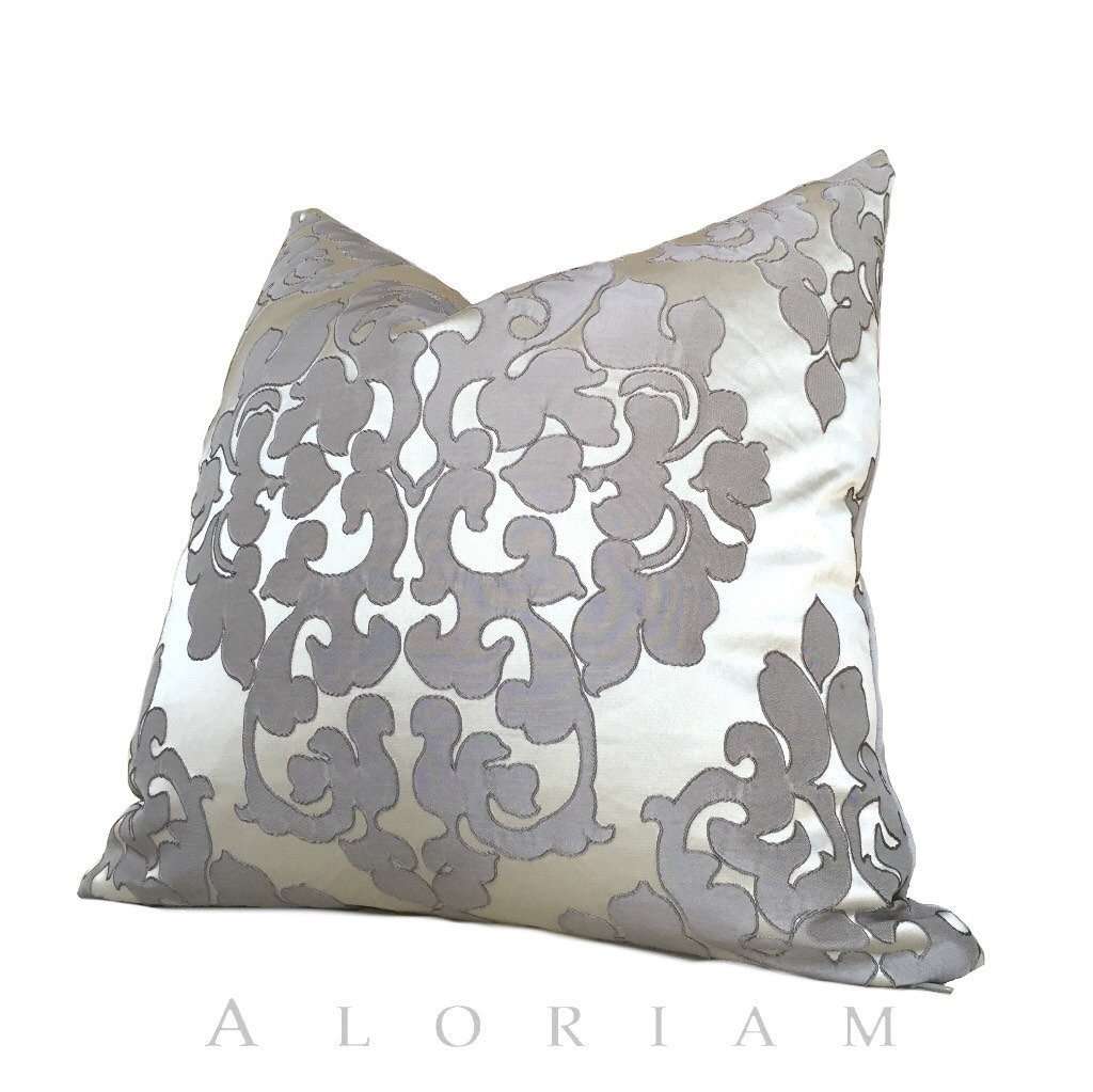 Silver Gray Damask Floral Satin Decorative Throw Pillow Cushion Cover by Aloriam