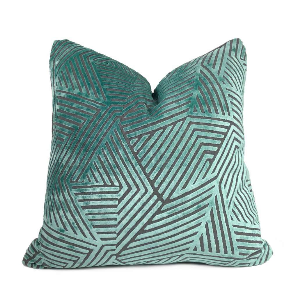 Soho Aquamarine & Gray Cut Velvet Geometric Lines Pillow Cover Cushion Pillow Case Euro Sham 16x16 18x18 20x20 22x22 24x24 26x26 28x28 Lumbar Pillow 12x18 12x20 12x24 14x20 16x26 by Aloriam