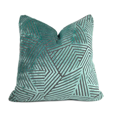Soho Aquamarine & Gray Cut Velvet Geometric Lines Pillow Cover Cushion Pillow Case Euro Sham 16x16 18x18 20x20 22x22 24x24 26x26 28x28 Lumbar Pillow 12x18 12x20 12x24 14x20 16x26 by Aloriam