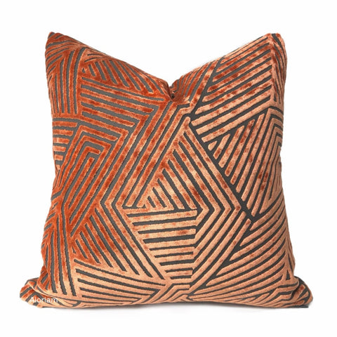 Soho Orange Gray Cut Velvet Geometric Lines Pillow Cover Template - Aloriam