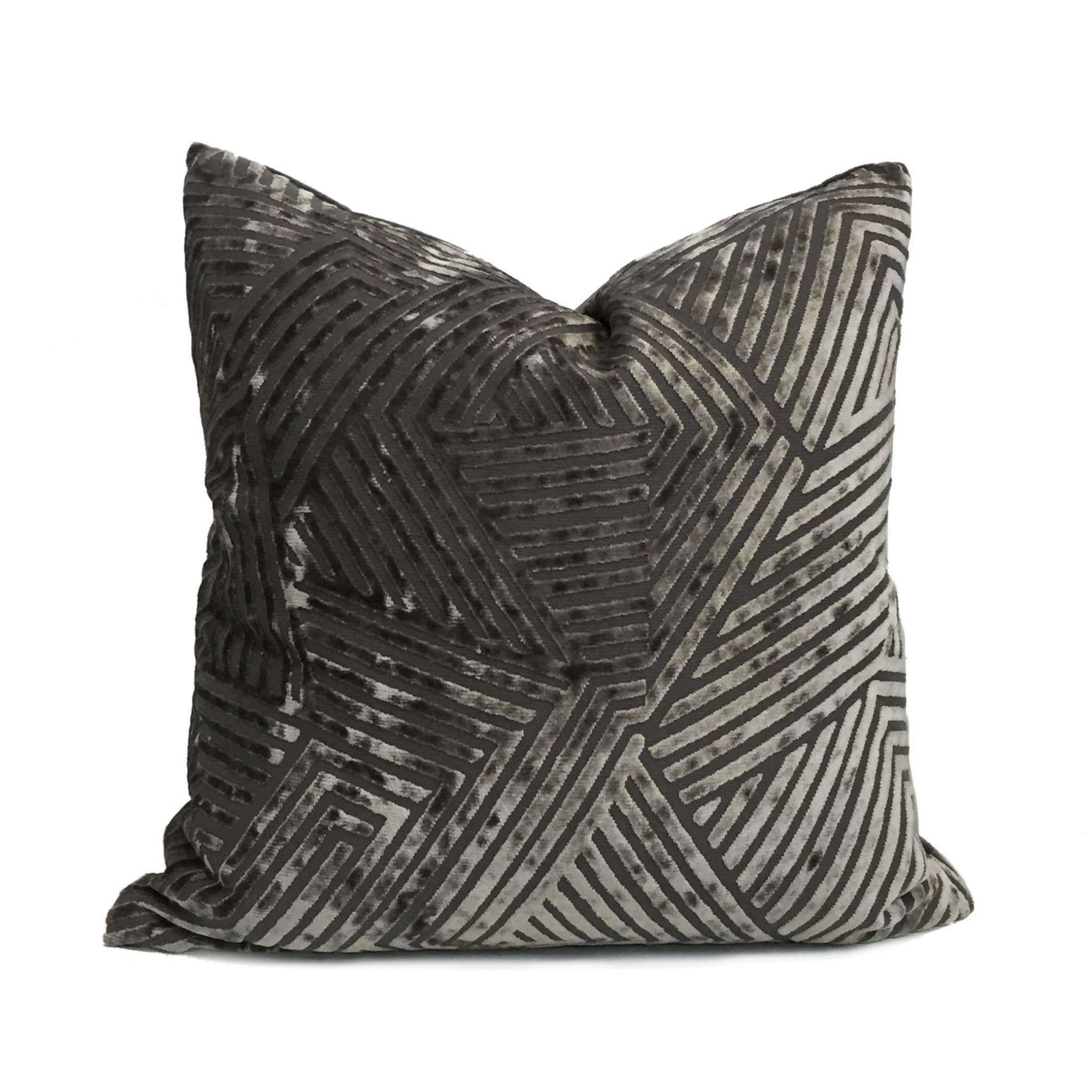 Soho Pewter Gray Cut Velvet Geometric Lines Pillow Cover Cushion Pillow Case Euro Sham 16x16 18x18 20x20 22x22 24x24 26x26 28x28 Lumbar Pillow 12x18 12x20 12x24 14x20 16x26 by Aloriam