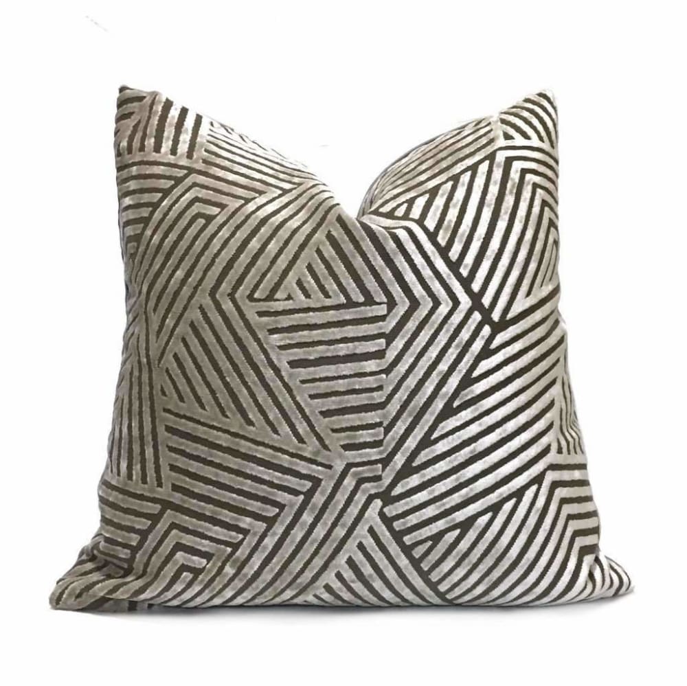 Soho Taupe Beige Cut Velvet Geometric Lines Pillow Cover Cushion Pillow Case Euro Sham 16x16 18x18 20x20 22x22 24x24 26x26 28x28 Lumbar Pillow 12x18 12x20 12x24 14x20 16x26 by Aloriam