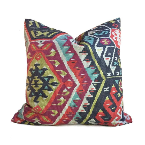 Southwest Ethnic Ikat Aztec Charcoal Gray Red Green Cotton Print Pillow Cover by Aloriam