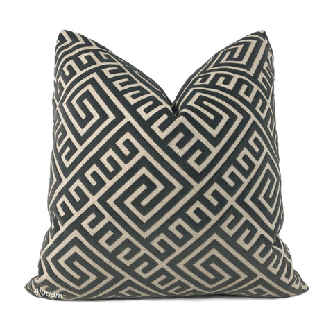 Thebes Charcoal Gray Beige Greek Key Velvet Pillow Cover - Aloriam