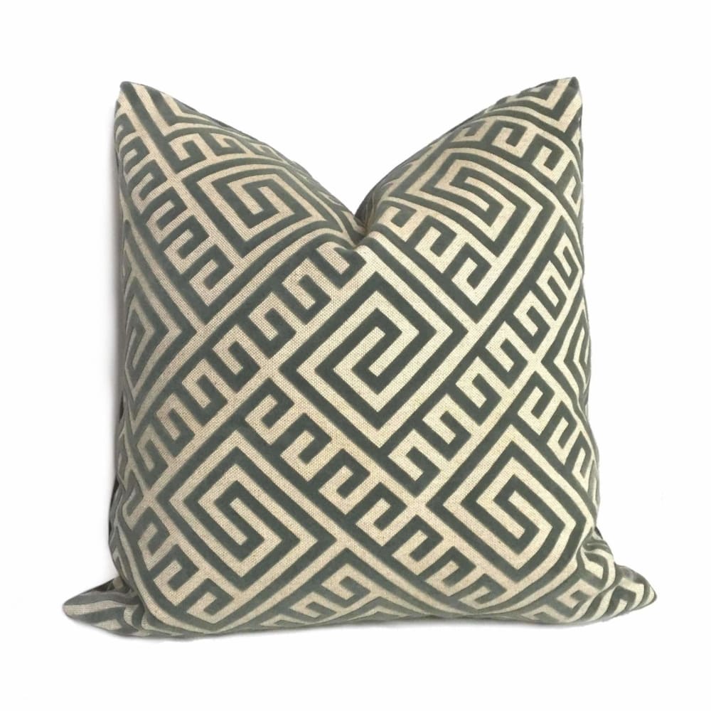 Designer Greek Key Thunder Gray Beige Flocked Velvet Pillow Cover