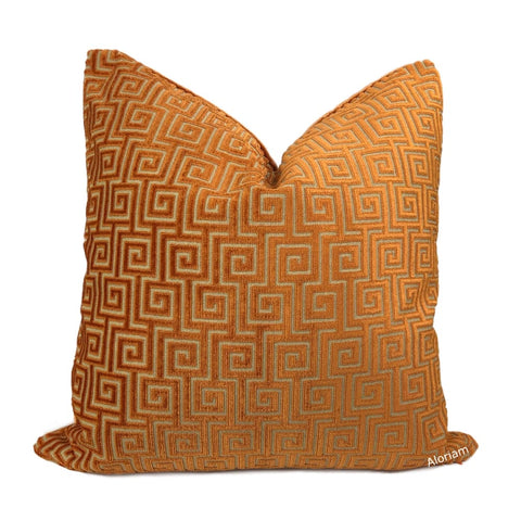 Thibaut Meander Orange Greek Key Velvet Pillow Cover - Aloriam