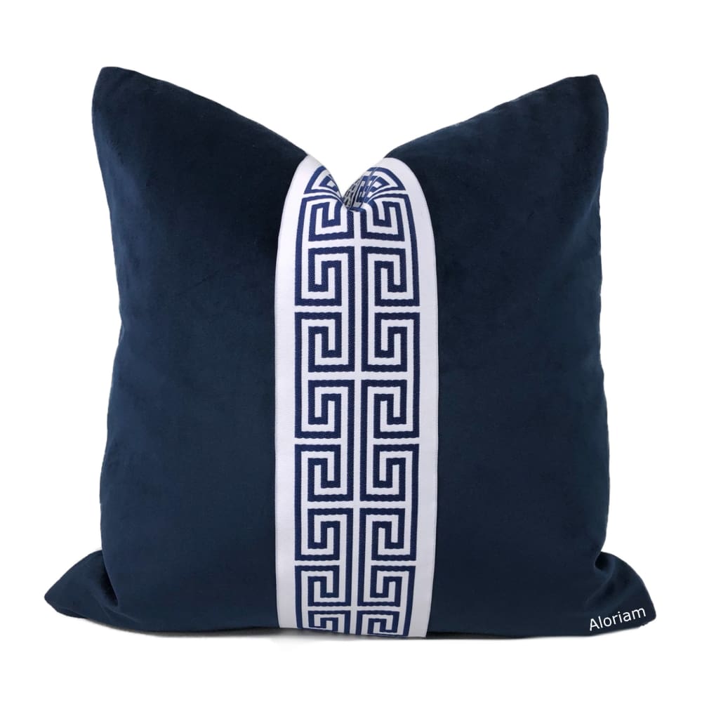 Titan Navy Blue White Greek Key Velvet Pillow Cover - Aloriam