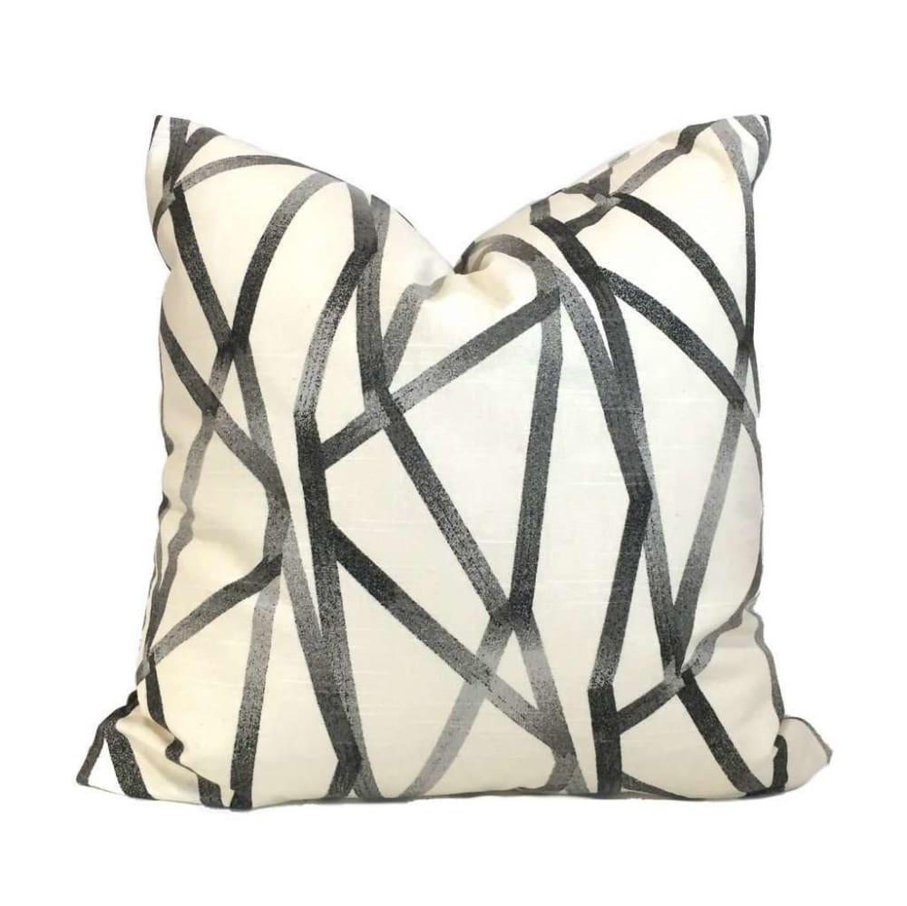 Designer Modern Abstract Lines Gray Cream Cotton Print Pillow Cover by Aloriam