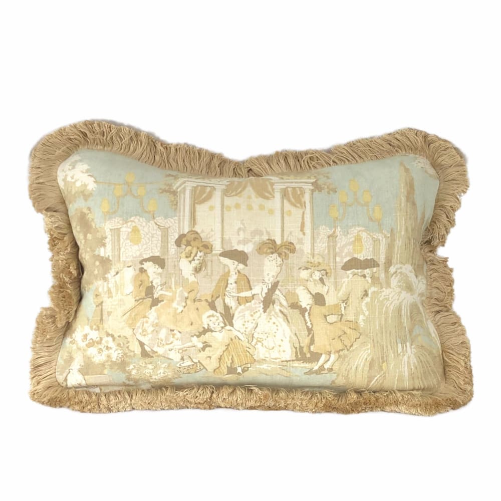 (CLEARANCE) Versailles Cream Spa Blue Toile Lumbar Pillow Cover with Brush Fringe Trim - Fits 14x20 insert <13x19 cover> LAST ONE
