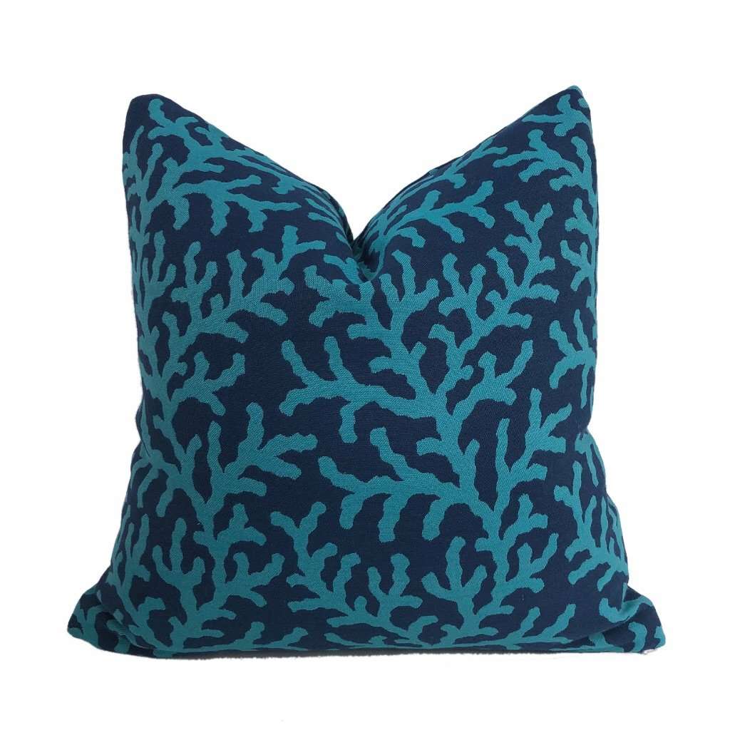 Waikiki Navy Blue & Turquoise Coral Reef Pillow Cover Cushion Pillow Case Euro Sham 16x16 18x18 20x20 22x22 24x24 26x26 28x28 Lumbar Pillow 12x18 12x20 12x24 14x20 16x26 by Aloriam
