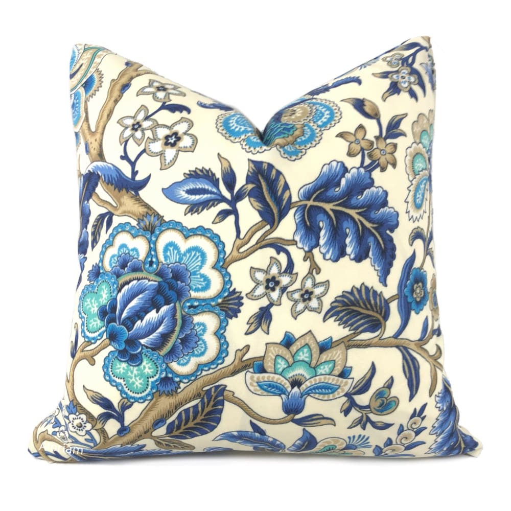 Waverly Imperial Dress Ivory Blue Jacobean Floral Outdoor Pillow Cover - Aloriam
