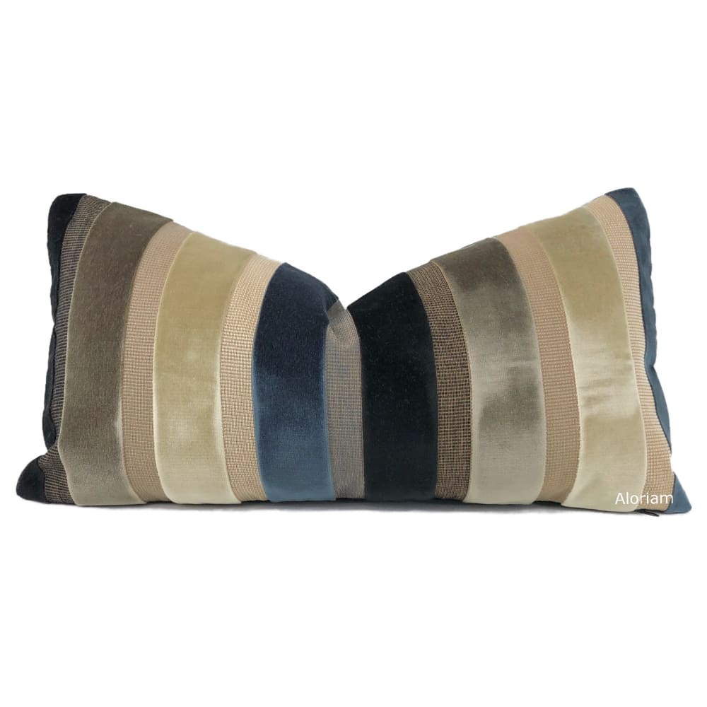Winslow Blue Black Taupe Wide Velvet Stripe Pillow Cover - Aloriam