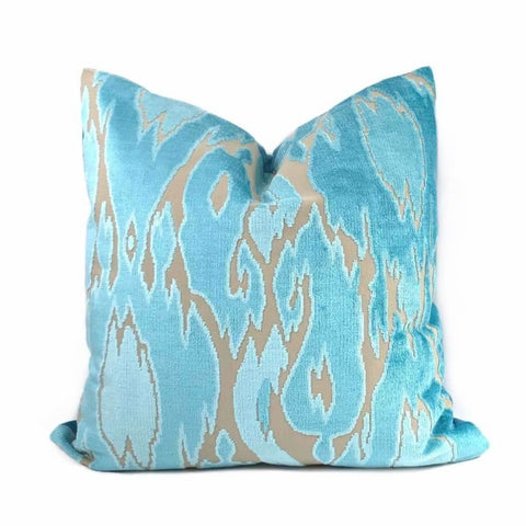 Designer Turquoise Blue Abstract Ikat Cut Velvet Pillow Cover Cushion Pillow Case Euro Sham 16x16 18x18 20x20 22x22 24x24 26x26 28x28 Lumbar Pillow 12x18 12x20 12x24 14x20 16x26 by Aloriam